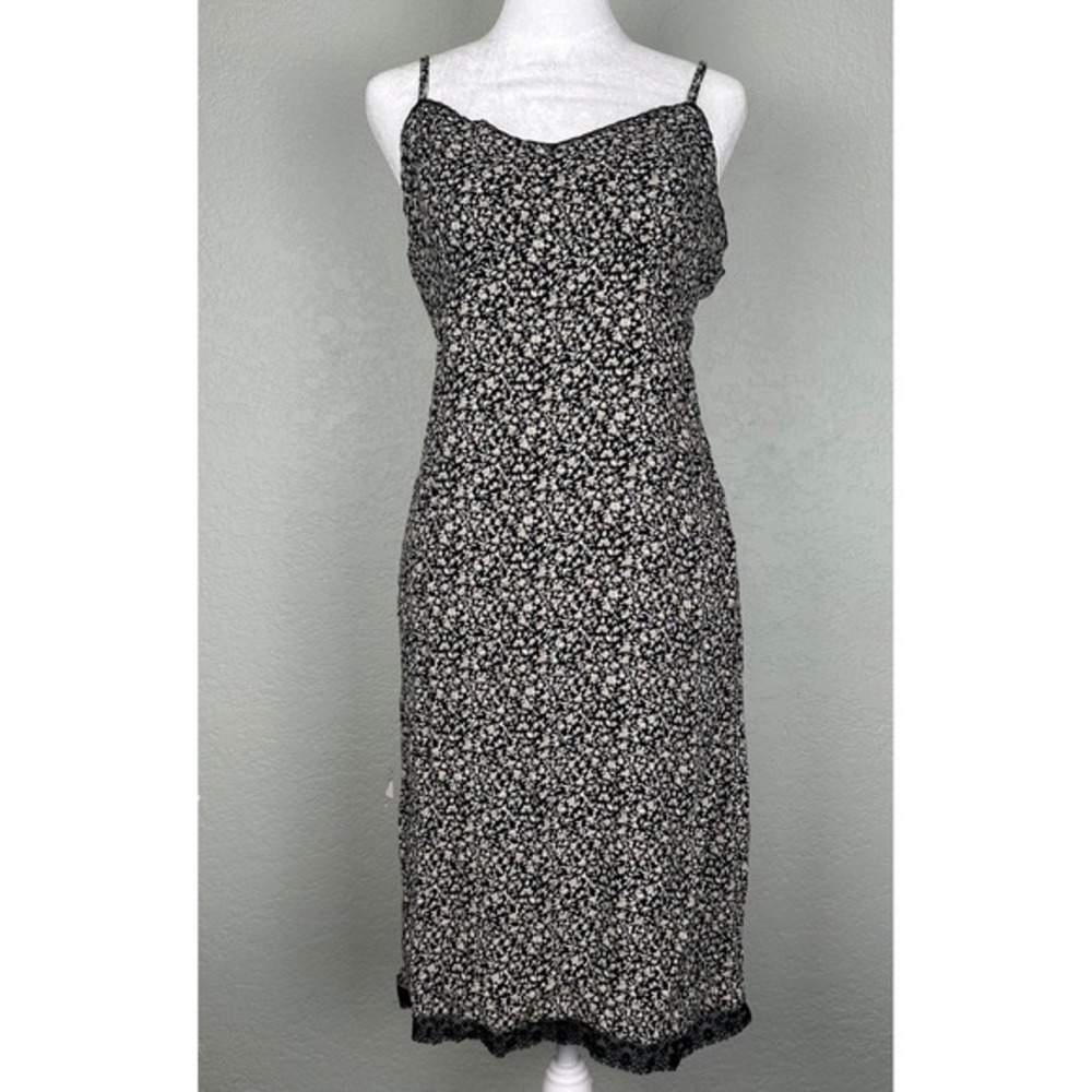 Y2K Old Navy Midi Dress Women Sz 8 Ditsy Dark Floral Rayon Lace Trim Cottagecore